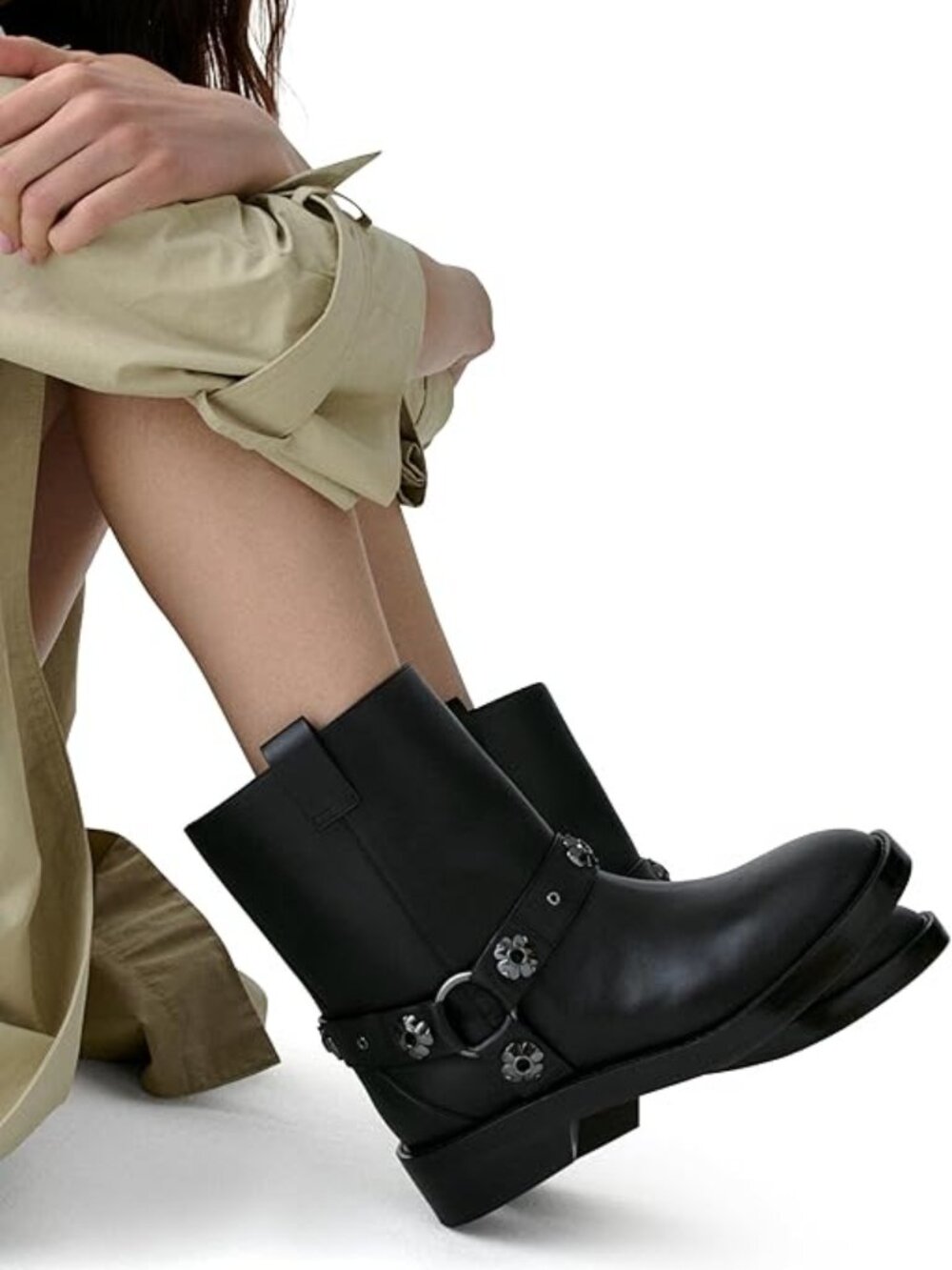 KATE SPADE new york Spade Flower Stud Smooth Leather Moto Boots BLACK 7 1/2